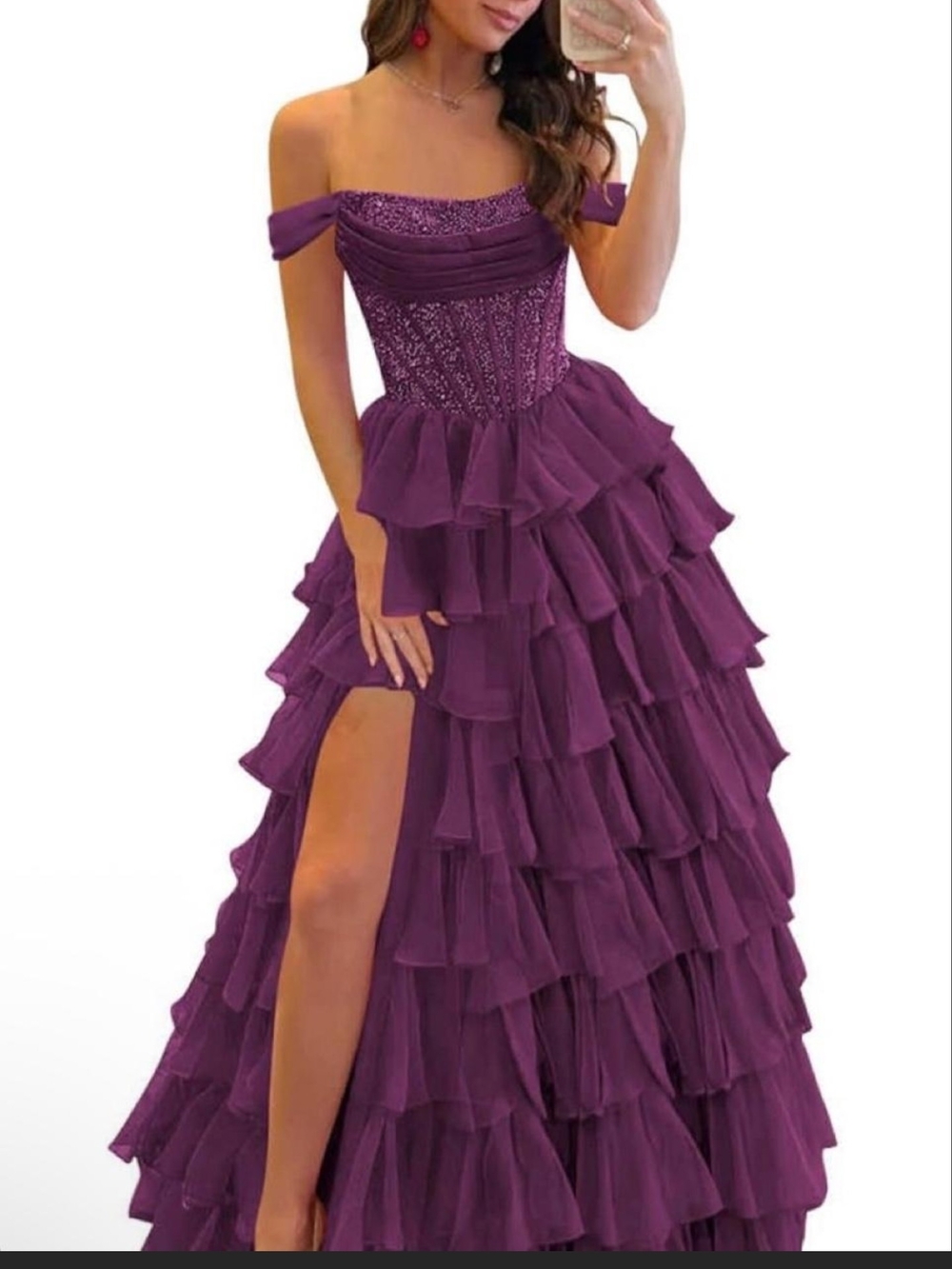 & Other Stories Plum One-Shoulder Ruffled Tiered Gown